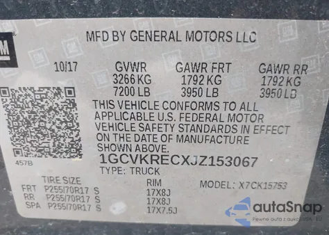 2018 Chevrolet Silverado 1500 1Lt z USA, uszkodzony, nr VIN 1GCVKRECXJZ153067